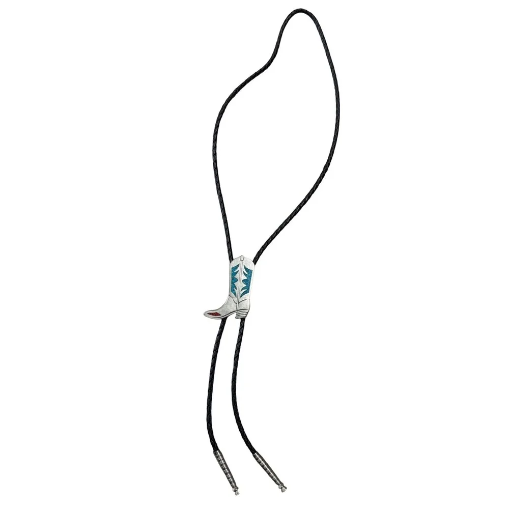 EGE Vintage Western Bolo Tie Cowboy Boot‎ Turquoise Inlay Silver Tone Black Cord